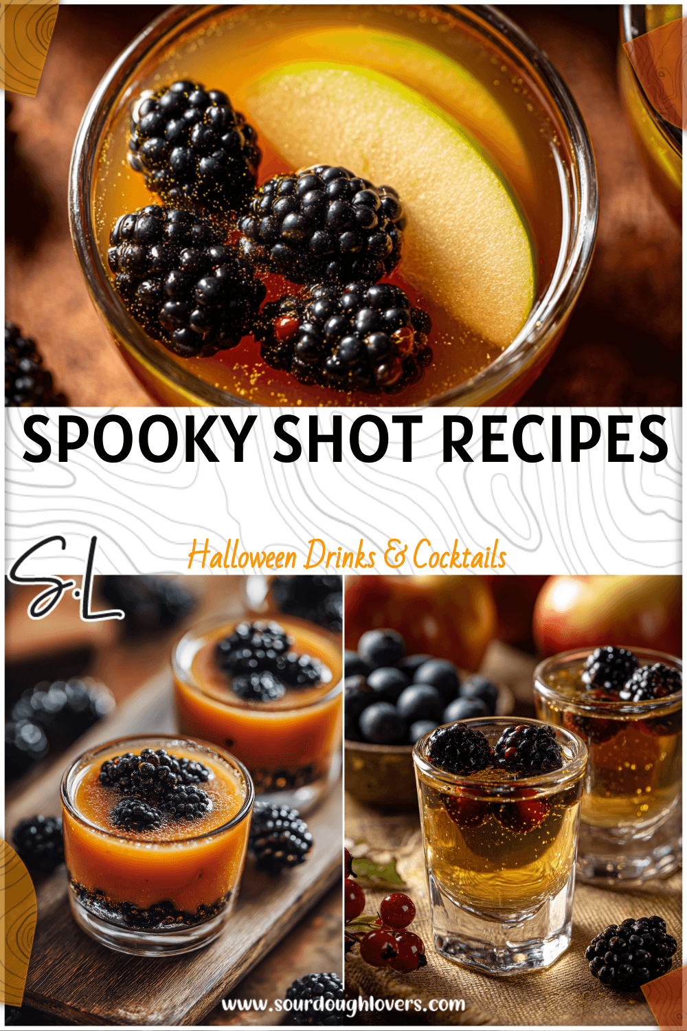 Two small glasses of cider with blackberries presented as spooky shots for Halloween gatherings 2